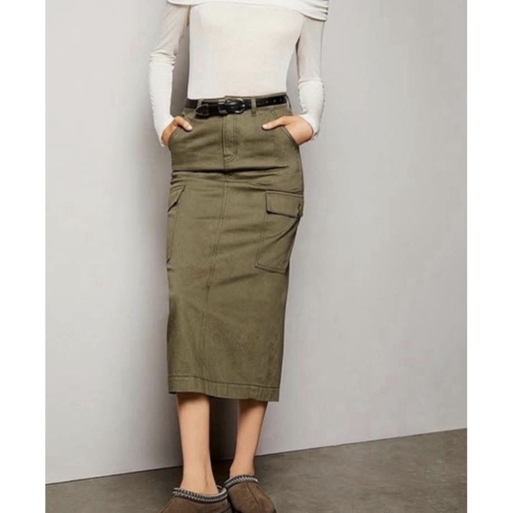 Gianni Bini Paige Cargo Skirt Olive Green Cotton Midi Belted Womens 28 NWT Y2K